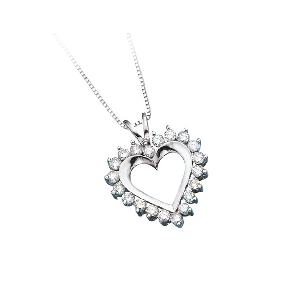 14K White Gold 1 ct. Diamond Heart Pendant with Chain (Higher Quality)