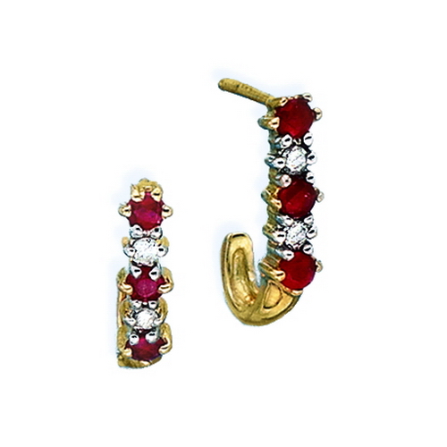 10K Yellow Gold 0.06 ct. Diamond with Alternating 3/8 ct. Ruby J-Hoop Earrings