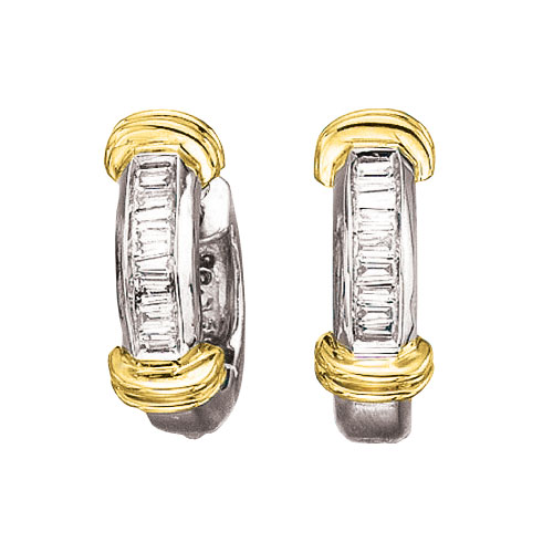 14K Two Tone Gold 1/3 ct. Baguette Cut Diamond Huggie Earrings
