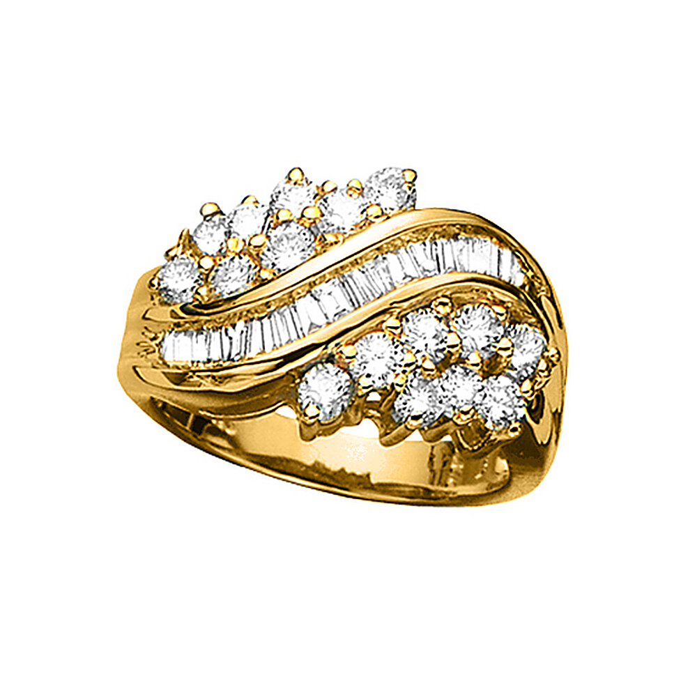 14K Yellow Gold 1 1/2 ct. Round and Baguette Cut Diamond Ring
