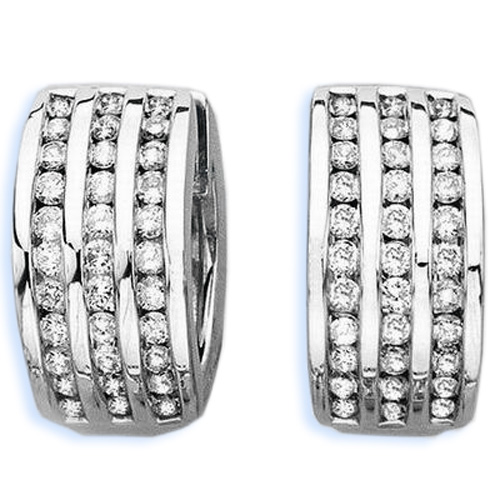 10K White Gold 1 ct. Diamond "Three Row" Huggie Earrings