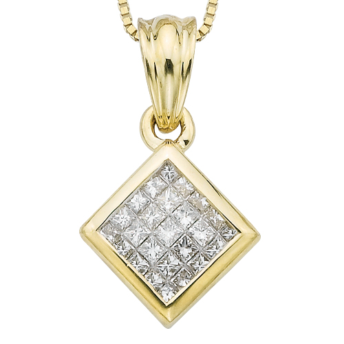 14K Yellow Gold 1/2 ct. Princess Cut Invisible Set Diamond Pendant with Chain