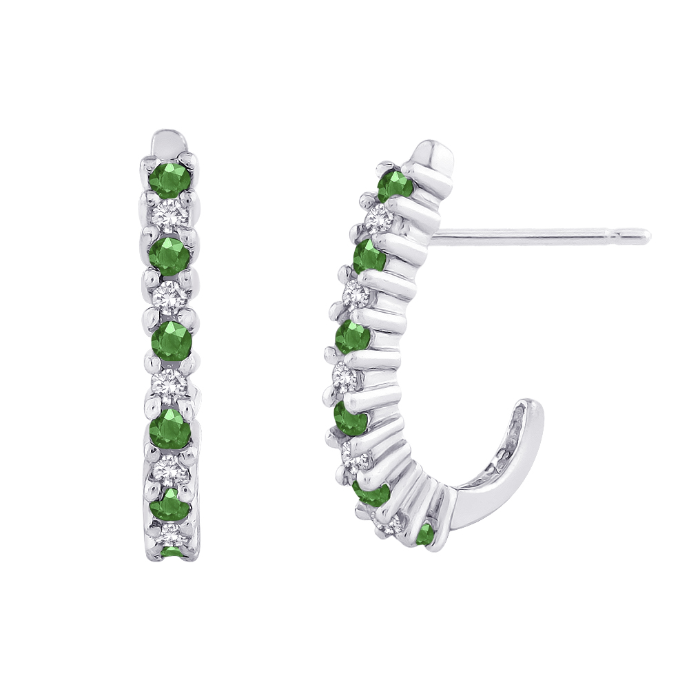10K White Gold 0.12 ct. Diamond with Alternating 1/5 ct. Emerald J-Hoop Earrings