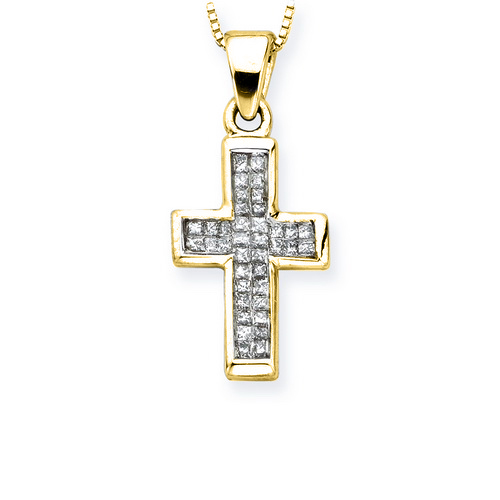 14K Yellow Gold 1/4 ct. Princess Cut Diamond Cross Pendant with Chain
