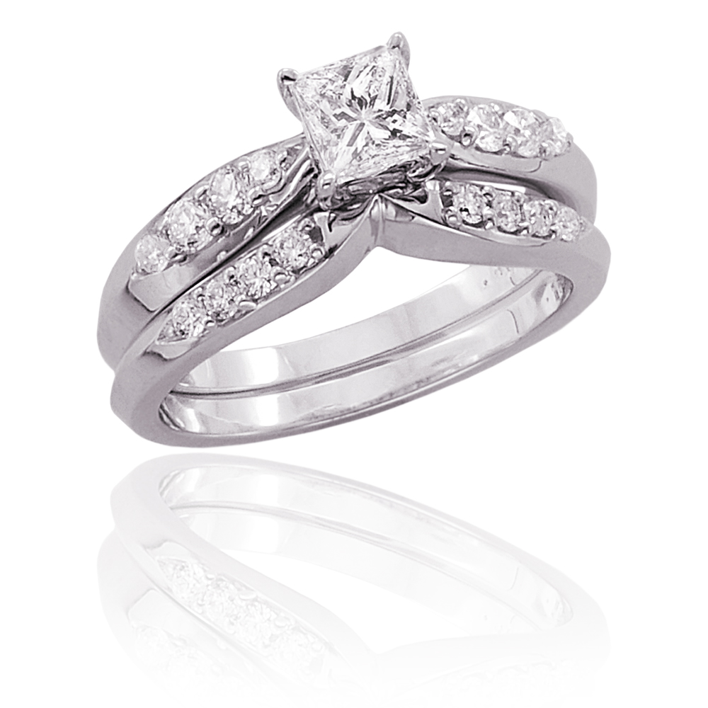 14K White Gold 1 ct. Diamond Engagement Set with Princess Cut Center Diamond 
