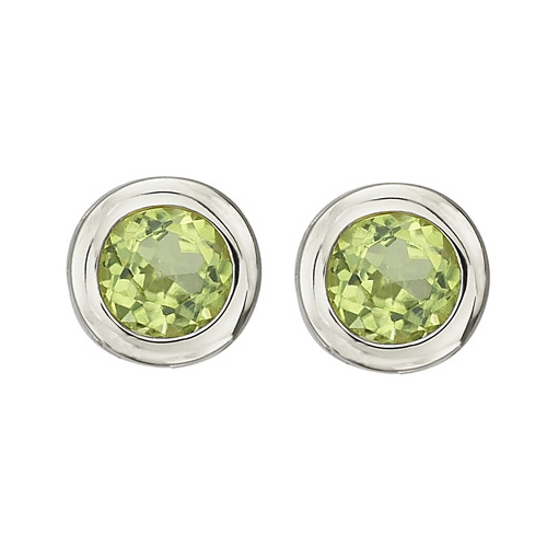 14K White Gold 4 x 4 MM Bezel Set Peridot Earring Studs