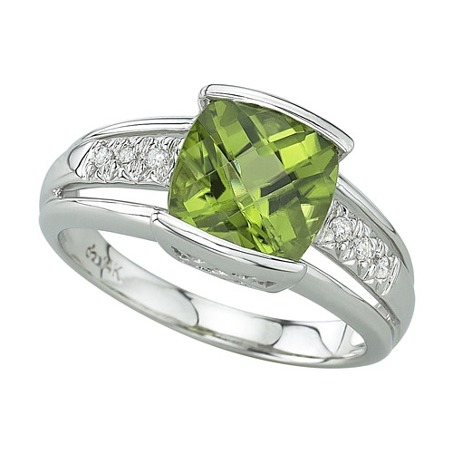 14K White Gold 0.06 ct. Diamond and 2 5/8 ct. Cushion Cut Peridot Fashion Ring