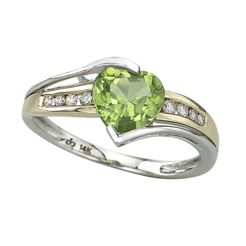 14K Two Tone Gold 1/10 ct. Diamond and 1 1/3 ct. Peridot Heart Ring