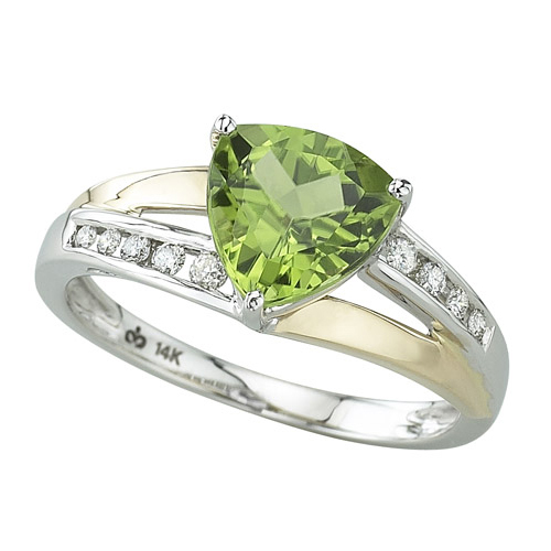 14K Two Tone Gold 1/10 ct. Diamond and 1 7/8 ct. Trillion Cut Peridot Ring