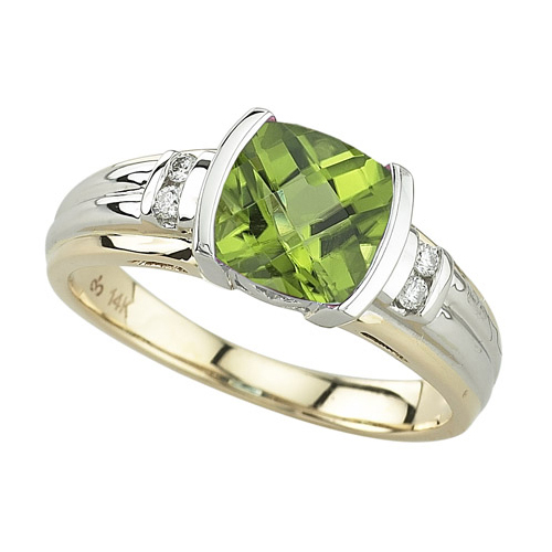 14K Two Tone Gold 0.05 ct. Diamond and 1 1/4 ct. Cushion Cut Peridot Fashion Ring