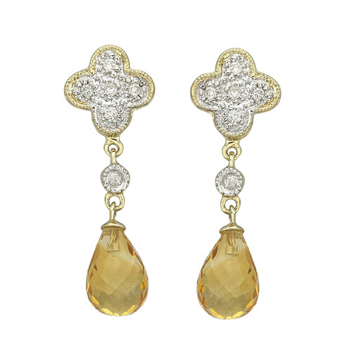 14K Yellow Gold 0.07 ct. Diamond and 2 3/8 ct. Teardrop Shaped Citrine Drop Earrings