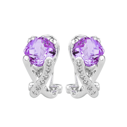 14K White Gold 0.12 ct. Diamond and 5 ct. Cushion Cut Amethyst Fashion Earrings