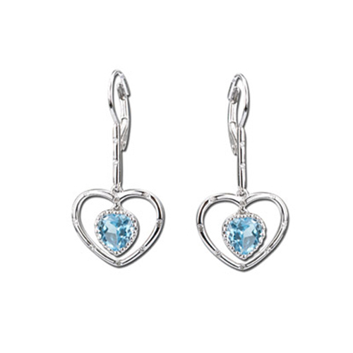 14K White Gold 0.08 ct. Diamond with 2 1/5 ct. Heart Shaped Blue Topaz Earrings