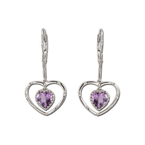 14K White Gold 0.08 ct. Diamond with 1 3/8 ct. Heart Shaped Amethyst Earrings