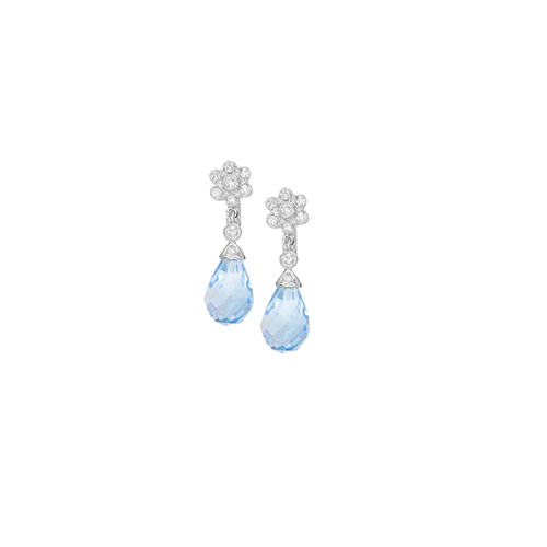 14K White Gold 1/5 ct. Diamond and 7 ct. Teardrop Shaped Blue Topaz Drop Earrings