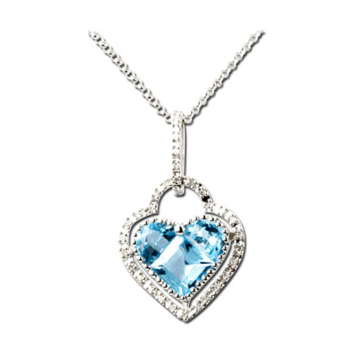 14K White Gold 0.12 ct. Diamond and 2 3/4 ct. Blue Topaz Heart Necklace - 16''