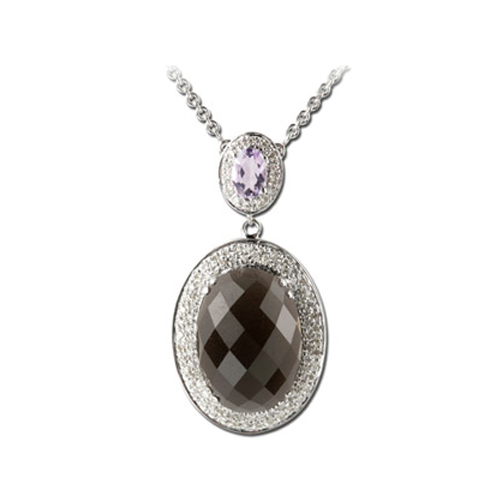 14K White Gold 1/2 ct. Diamond, 1/2 ct. Amethyst and 10 1/2 ct. Smoky Topaz Necklace - 16