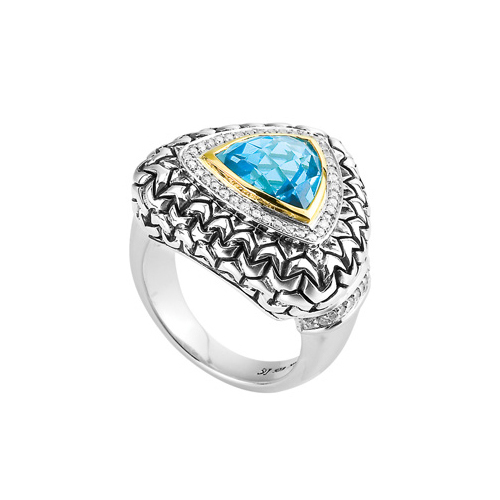 18K Yellow Gold and Sterling Silver 0.12 ct. Diamond with 4 5/8 ct. Trillion Cut Blue Topaz Ring