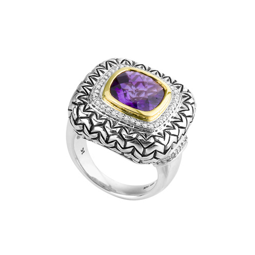 18K Yellow Gold and Sterling Silver 0.13 ct. Diamond with 4 ct. Amethyst Ring